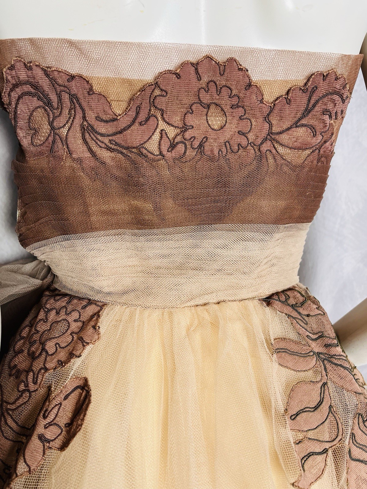 Vintage 1950s Will Steinman Strapless Pink Tulle Applique Full Skirt Gown Dress