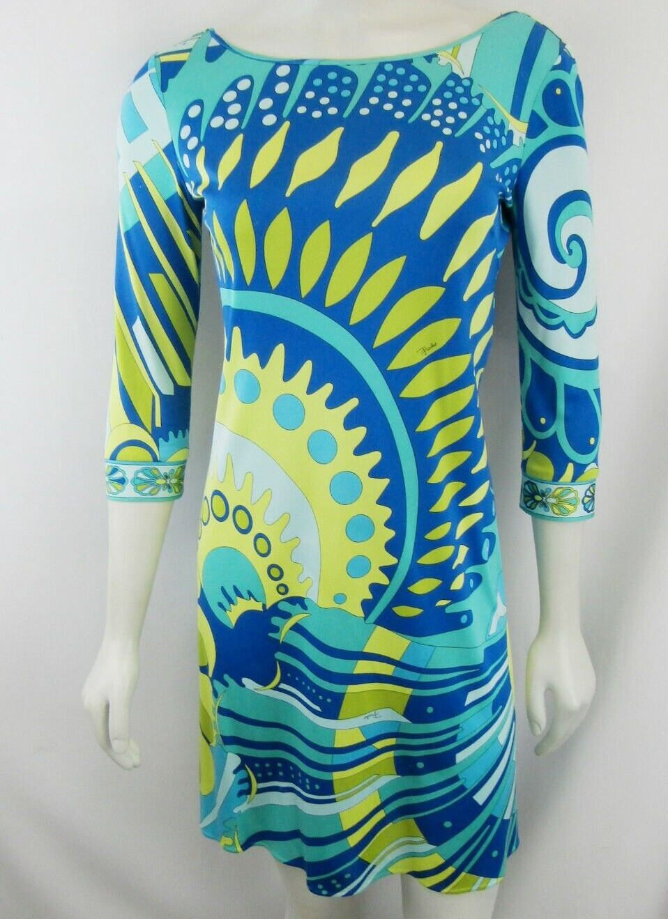 EMILIO PUCCI Dress 4 Multi Color Abstract Logo Jersey Silk Psychedelic 34 XS VTG