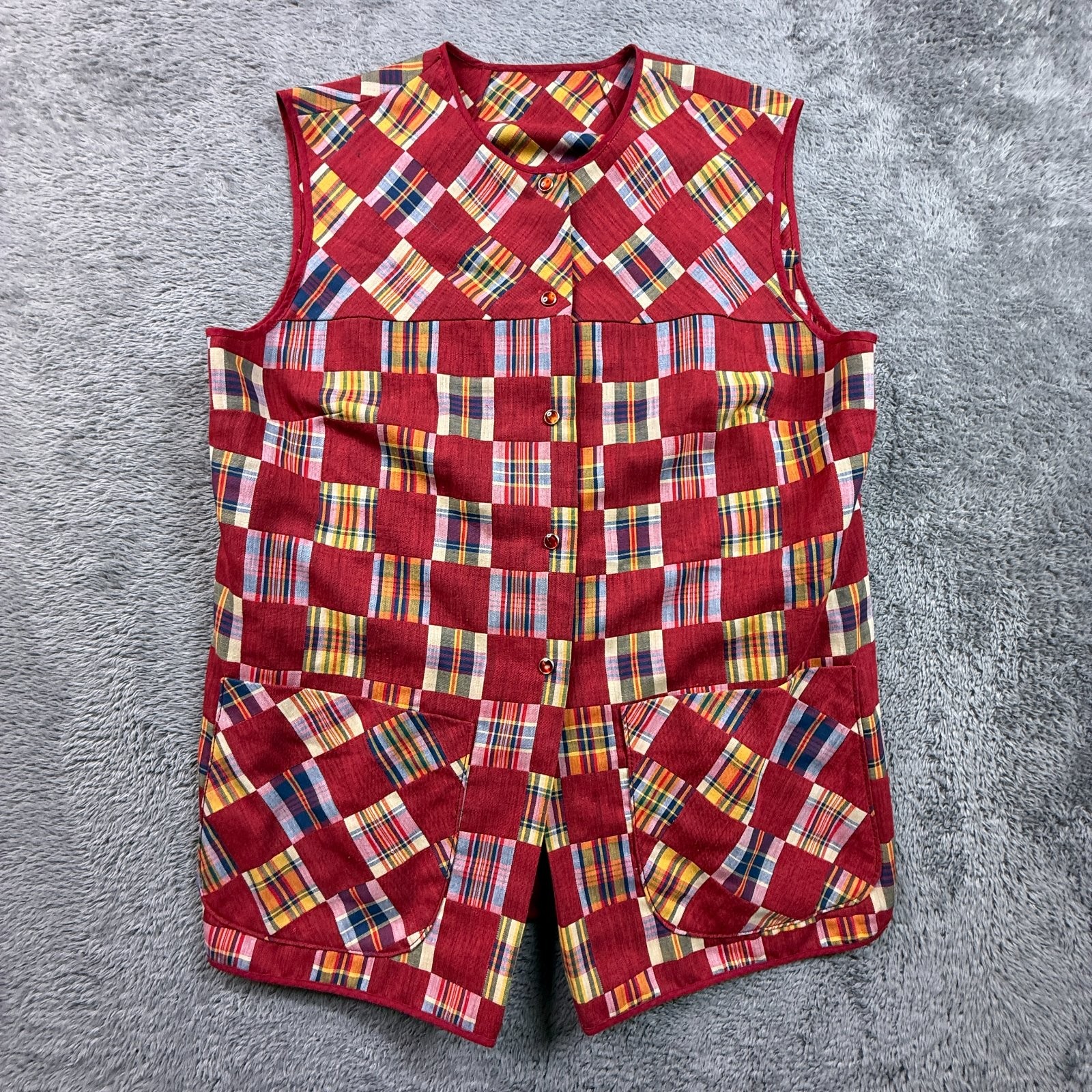 Vintage Handmade Pearl Snap Button Up Sleeveless Shirt Womens M Red Plaid
