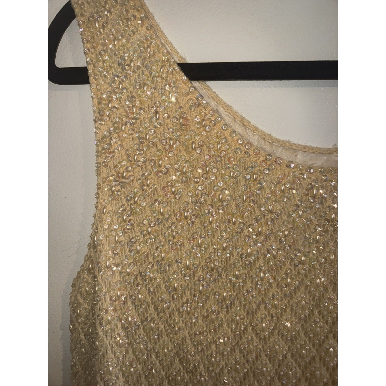 Vintage Beaded Sequin Knit Tank Top Cream Champagne Pearl Fringe Shell L
