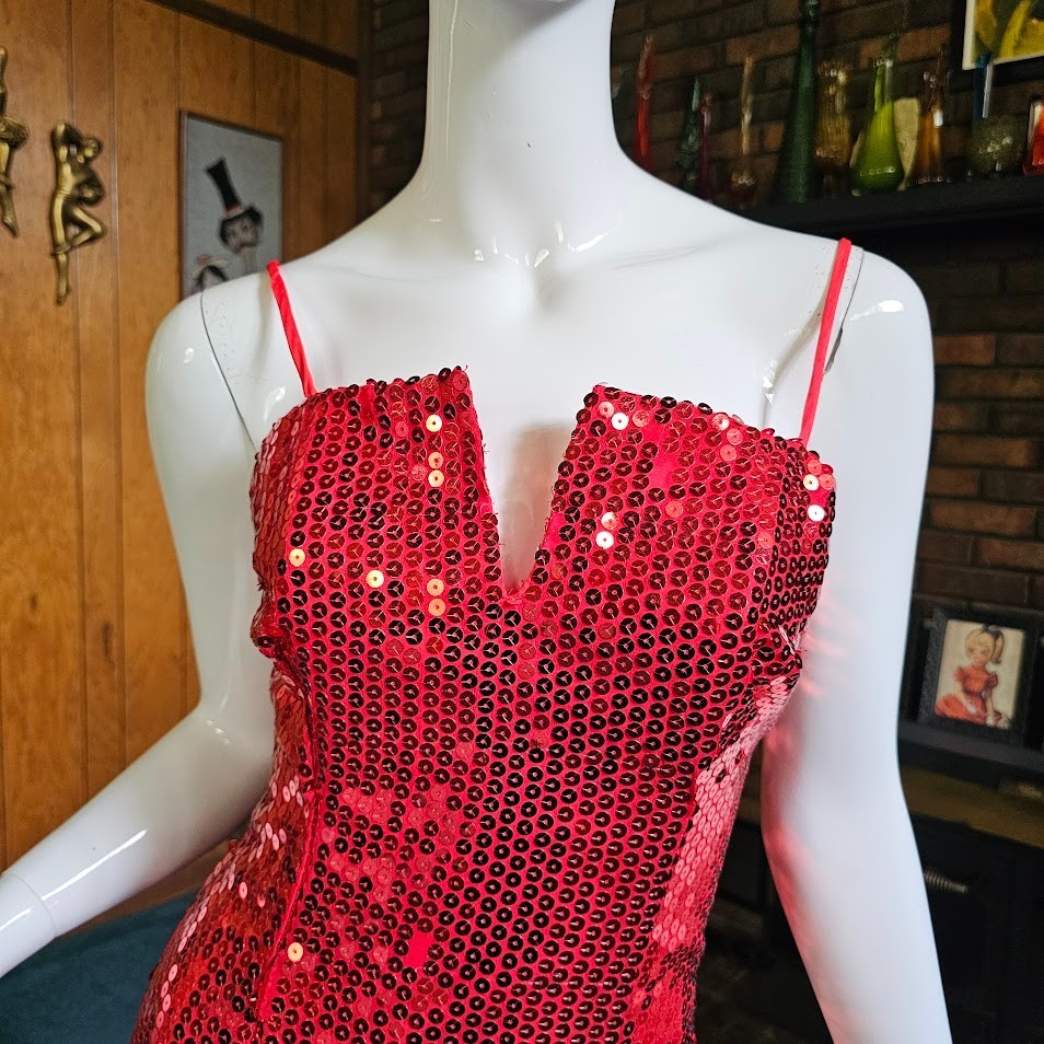 Vtg 80s Alyce New Wave Prom Drop Waist Mermaid Sequin Flamenco Party Dress S/M