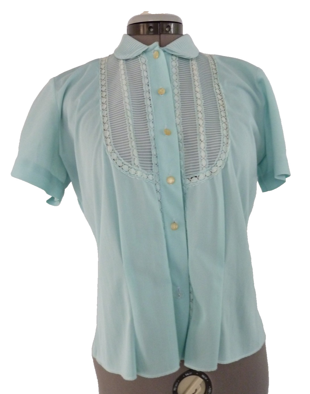 Adorable Vintage Pastel Blue Lee Mar Nylon Blouse Pintucks Lace 18″ Bust Flat