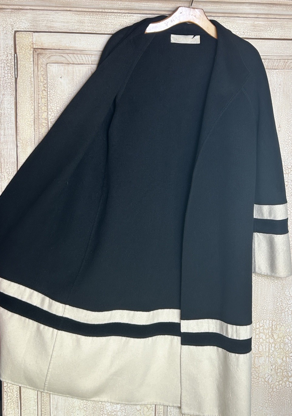 Valentino Virgin Wool Cashgora Colorblock Coat Black Ivory VTG Made In Italy