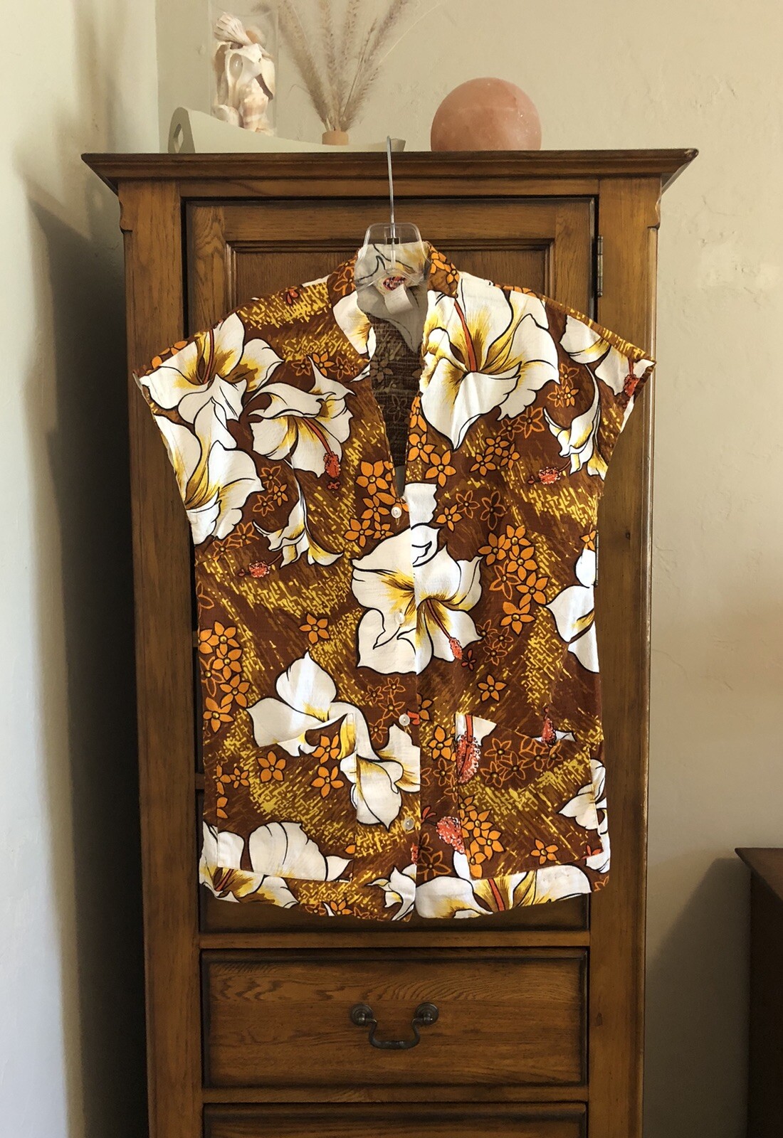 Pomare Hawaii Vintage Women’s Barkcloth Shirt Tropical Mandarin Collar Women’s S