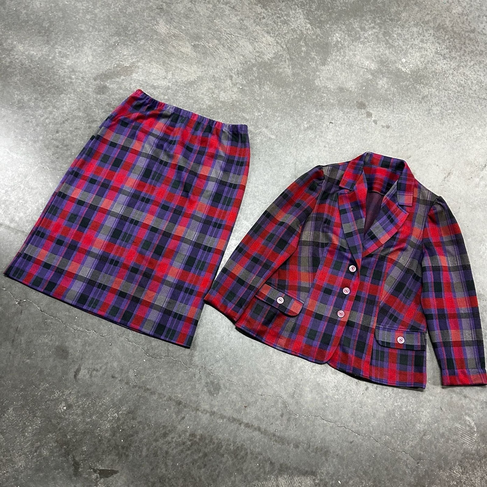 Vintage 80s Union Made Women’s Plaid Blazer and Skirt Two-Piece Set