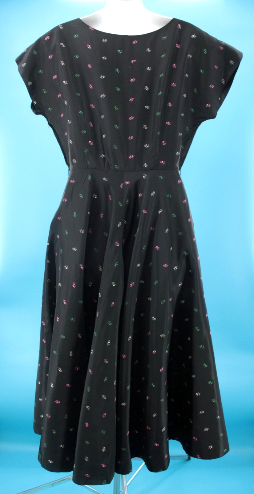 VTG Women’s 50s Black W/ Multi Color Floral Print Taffeta Swing Dress S/M 1950s
