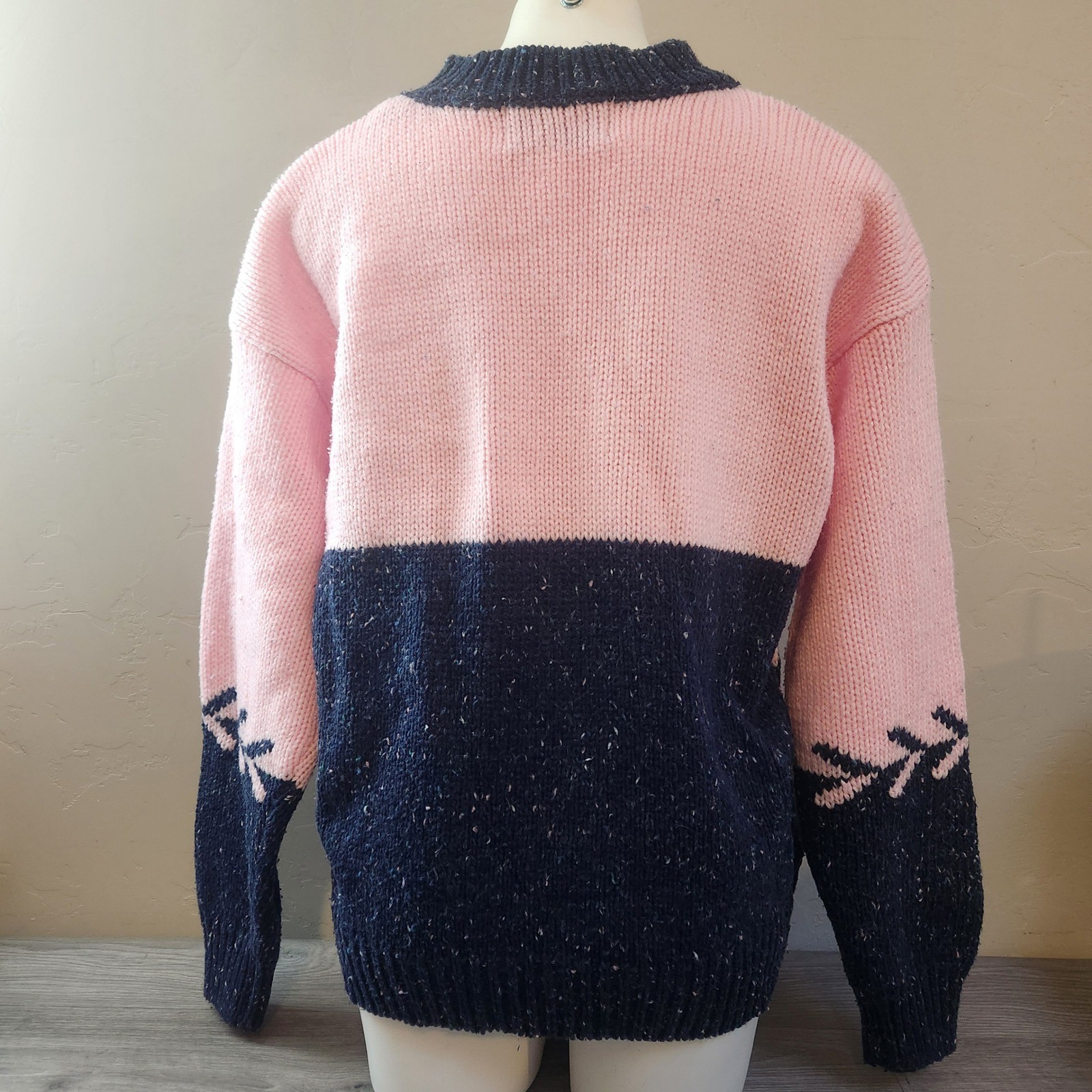 Vintage NUOVO Pink Navy Knit Sweater Size L Speckled Mock Neck Aztec Chunky Wool
