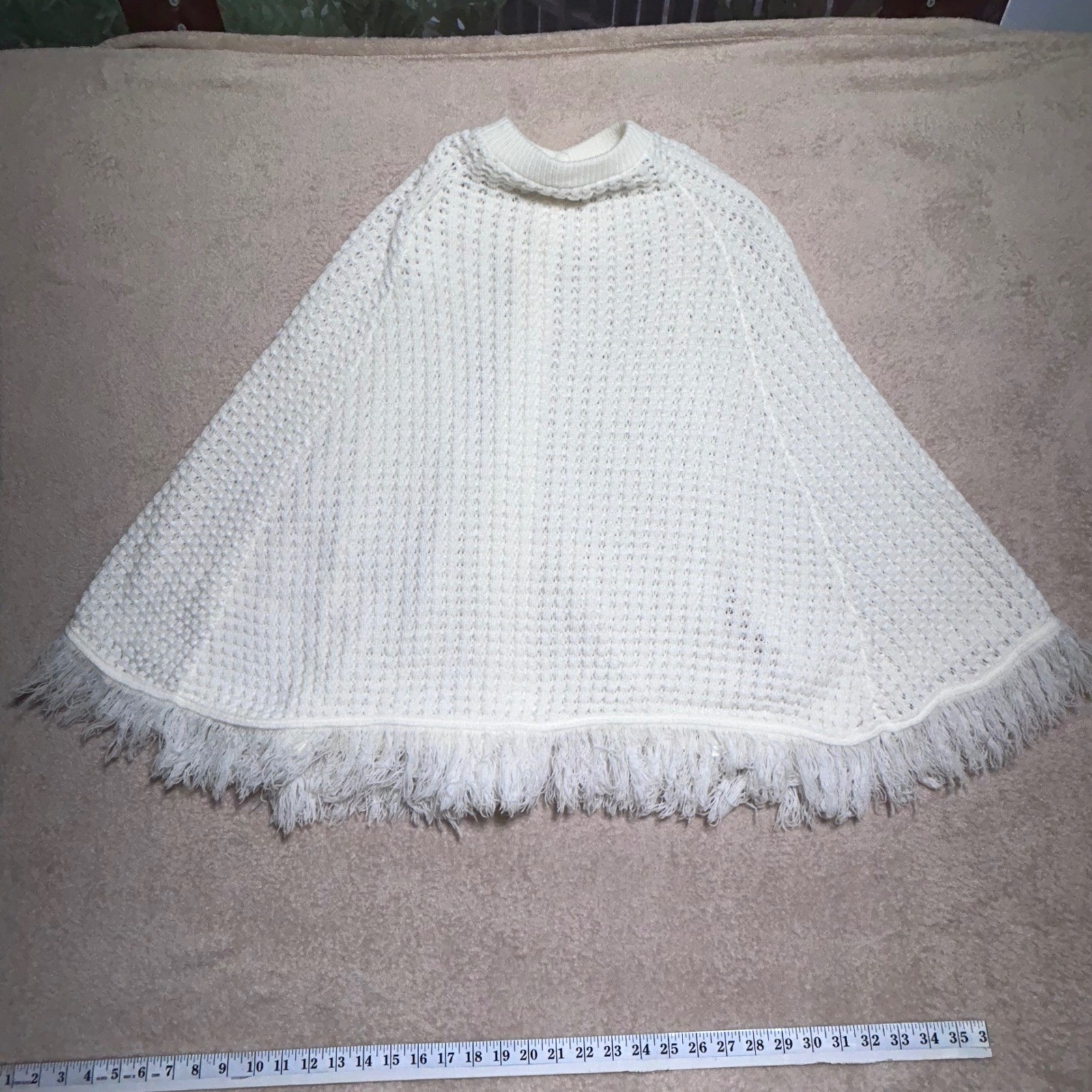 Vintage White Knit Button Front Fringe Cape Wrap Poncho with Arm Slits