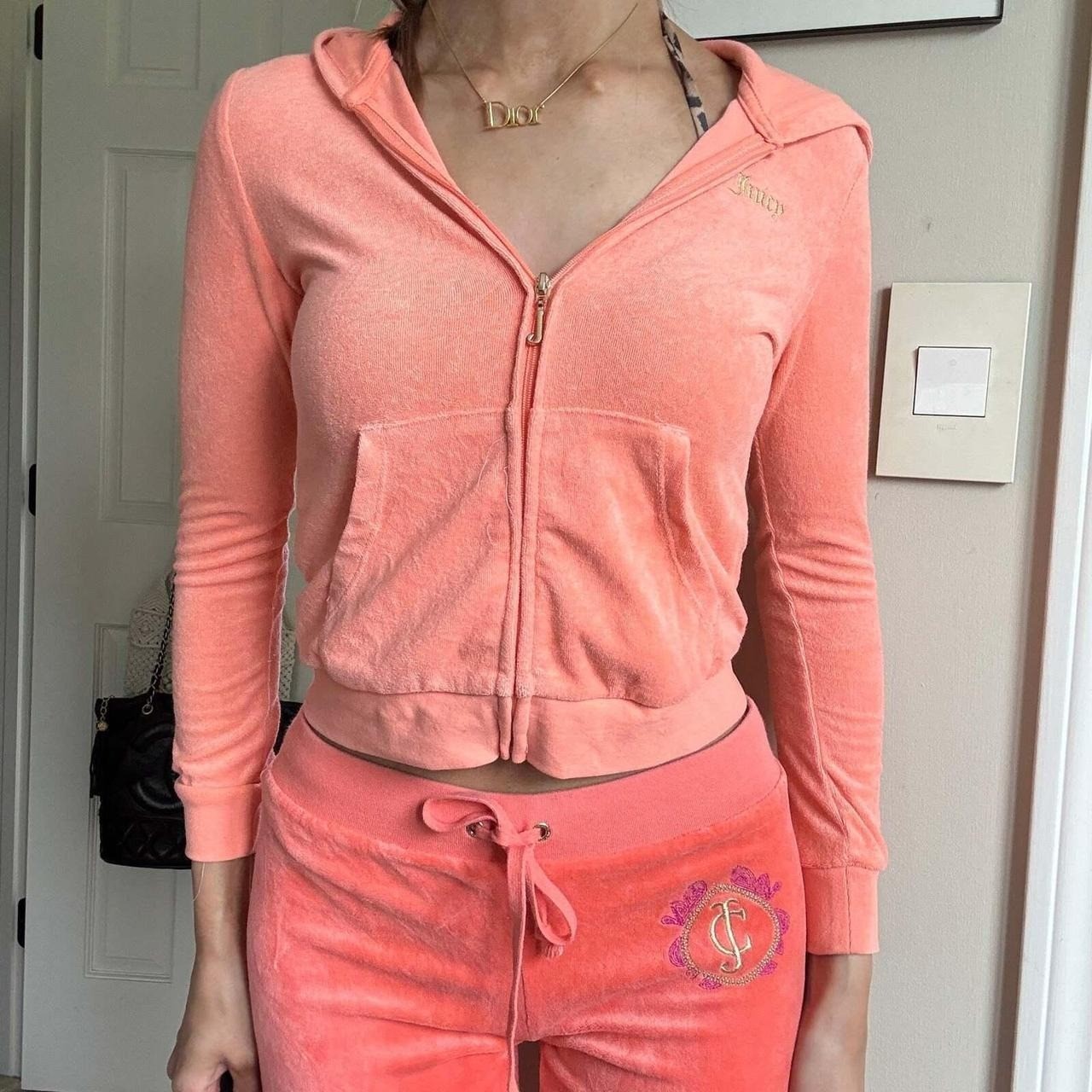 Vintage Juicy Couture Y2K Cherry Coral Pink Velour Tracksuit Set 2-piece size S