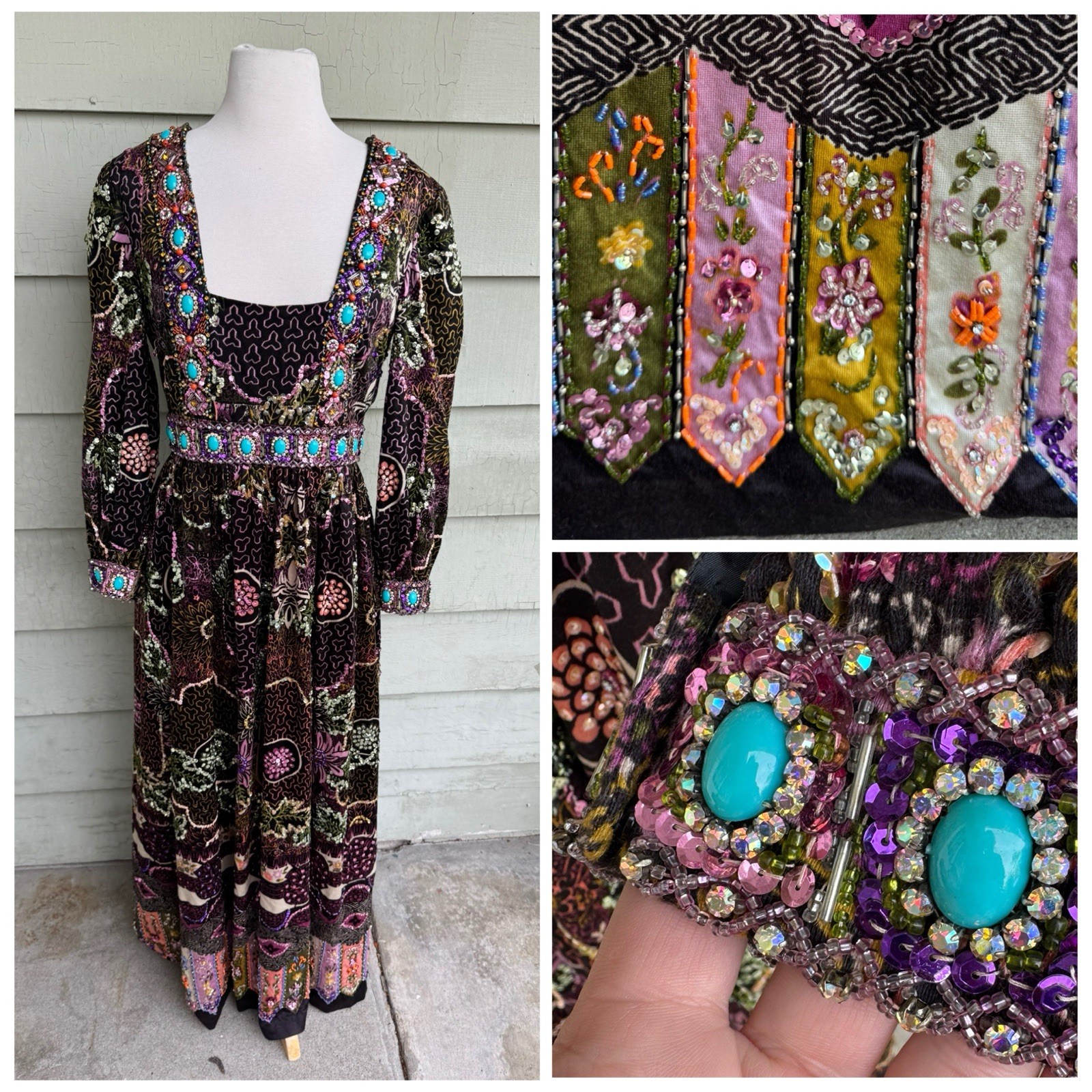 70’s Valentina Ltd Embellished Maxi Dress 12 Boho Sequin Jewels Hostess Gown 28”