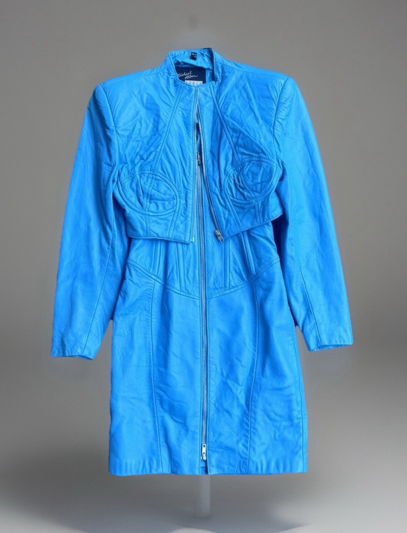 2ps Vintage 80s Blue Michael Hoban North Beach LEATHER BOLERO/Dress READ Sz XS/S