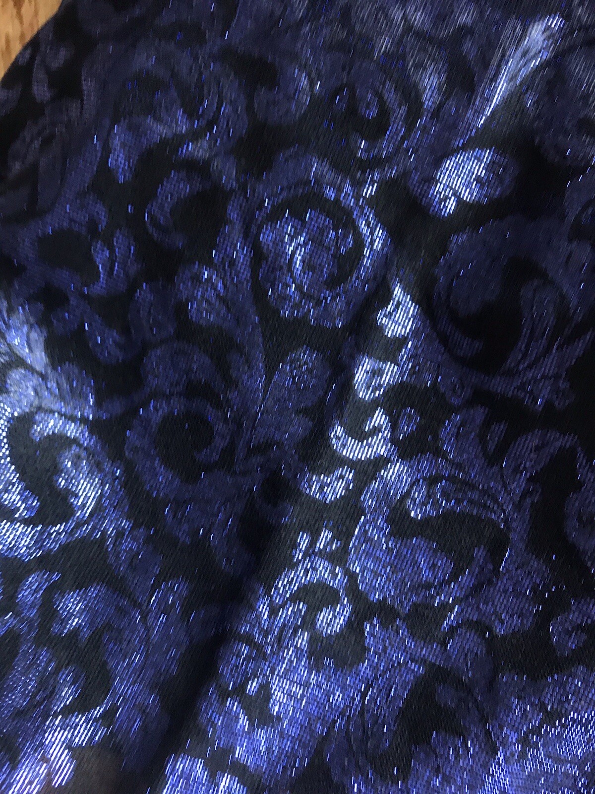 VTG 90s blue metallic dress brocade print strappy design tulle full skirt retro