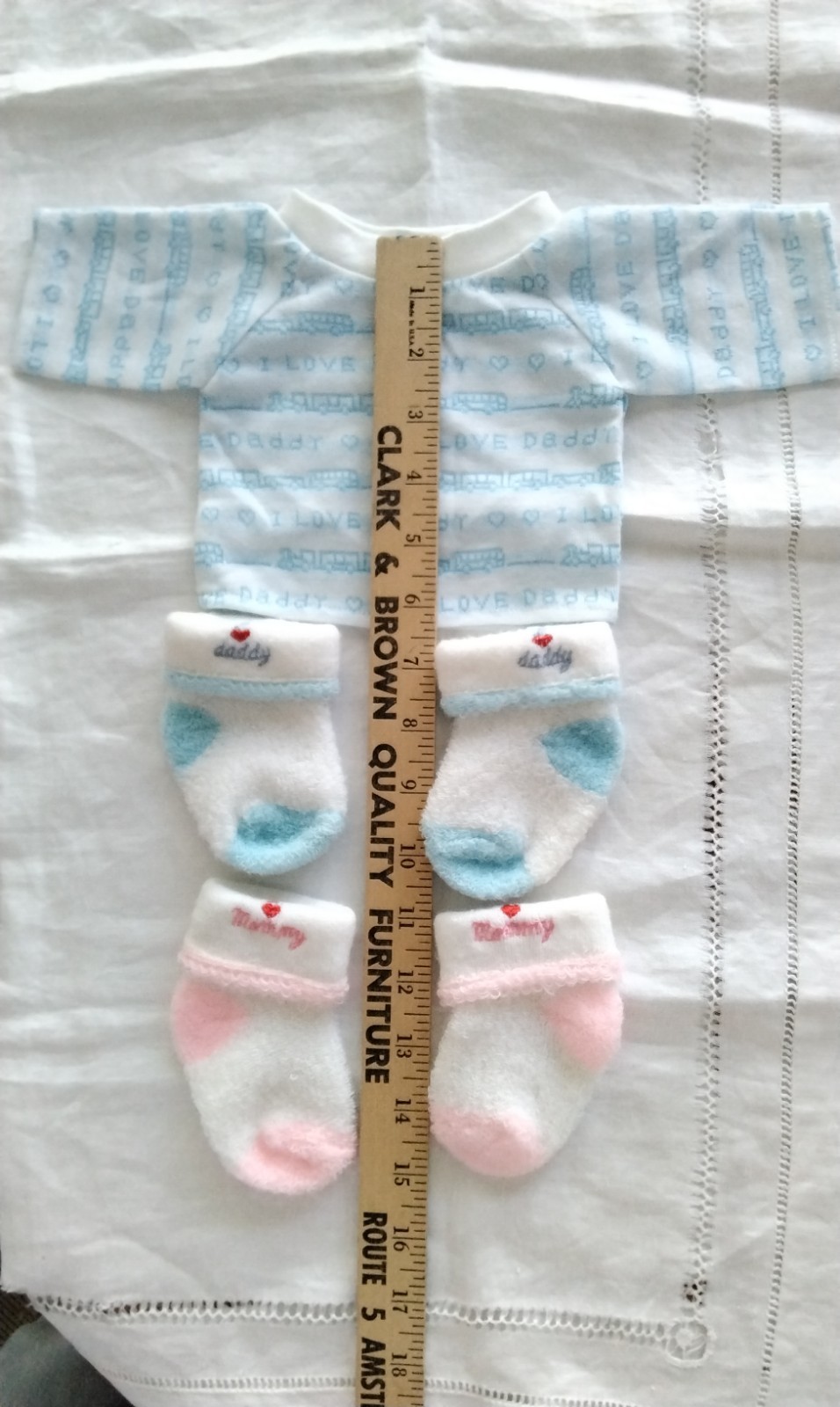 1970’s Baby Booties Pink „Love Mommy” & Blue „Love Daddy” & I Love Daddy Shirt