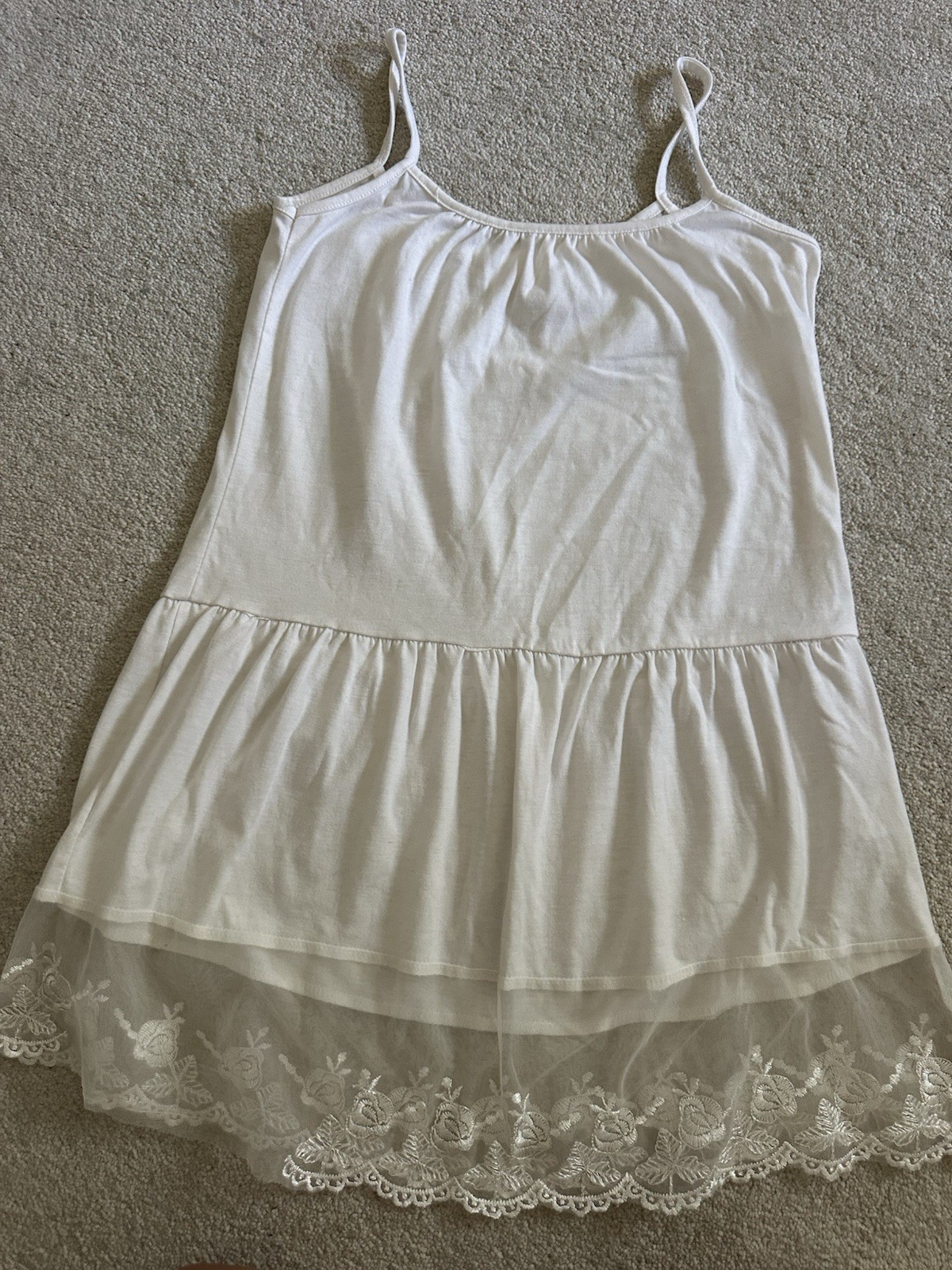 Women’s White Spaghetti Strap Slip / Chemise Lingerie with Lace Hem Trim