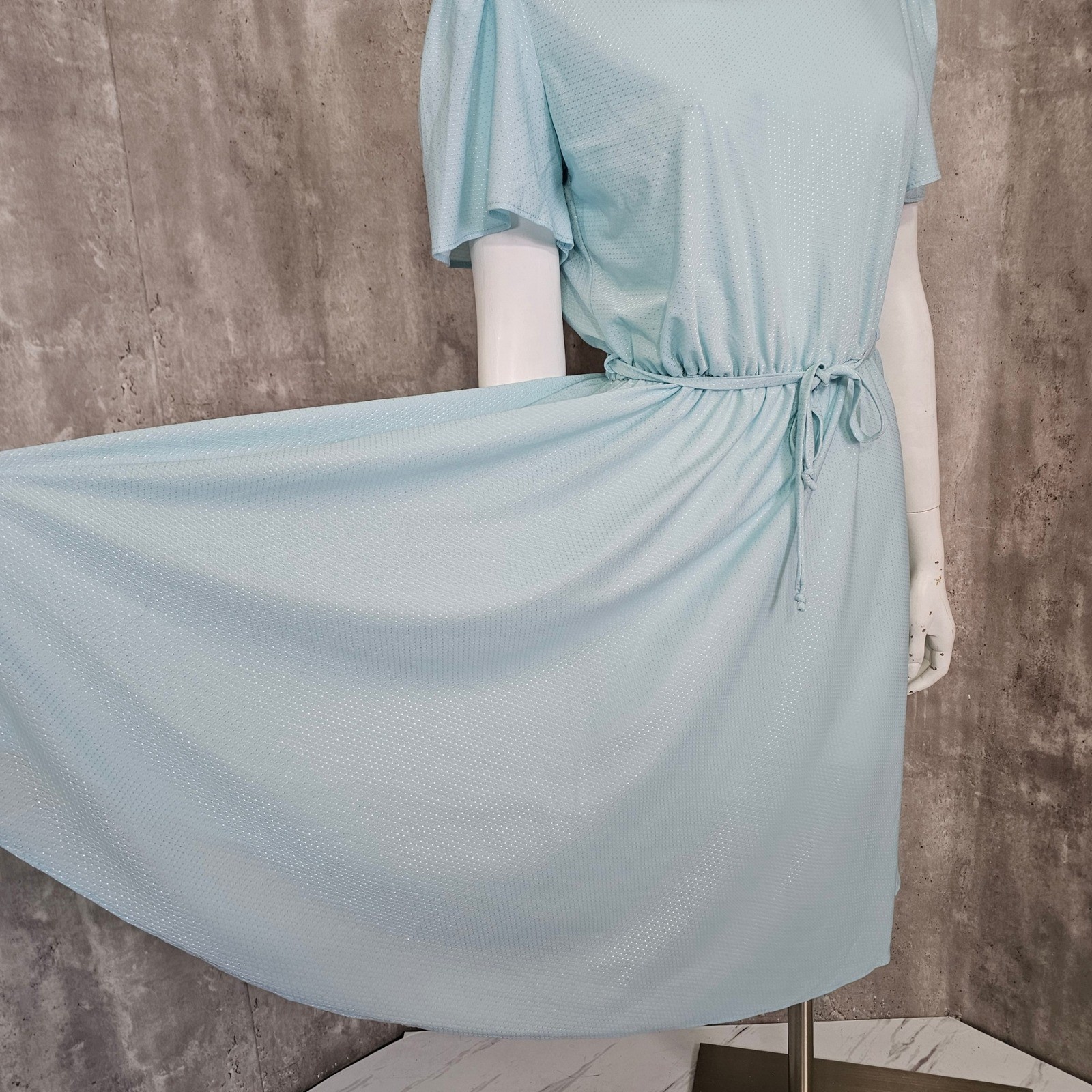 Vintage 70s 80s Baby Blue Disco Dress Midi Flutter Sleeve Secretary Glam M