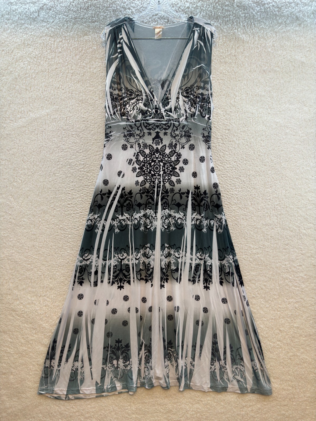 Y2K Vintage Maxi Dress 1X 2X Plus Size Grey Slinky Stretch Cyber Boho McBling