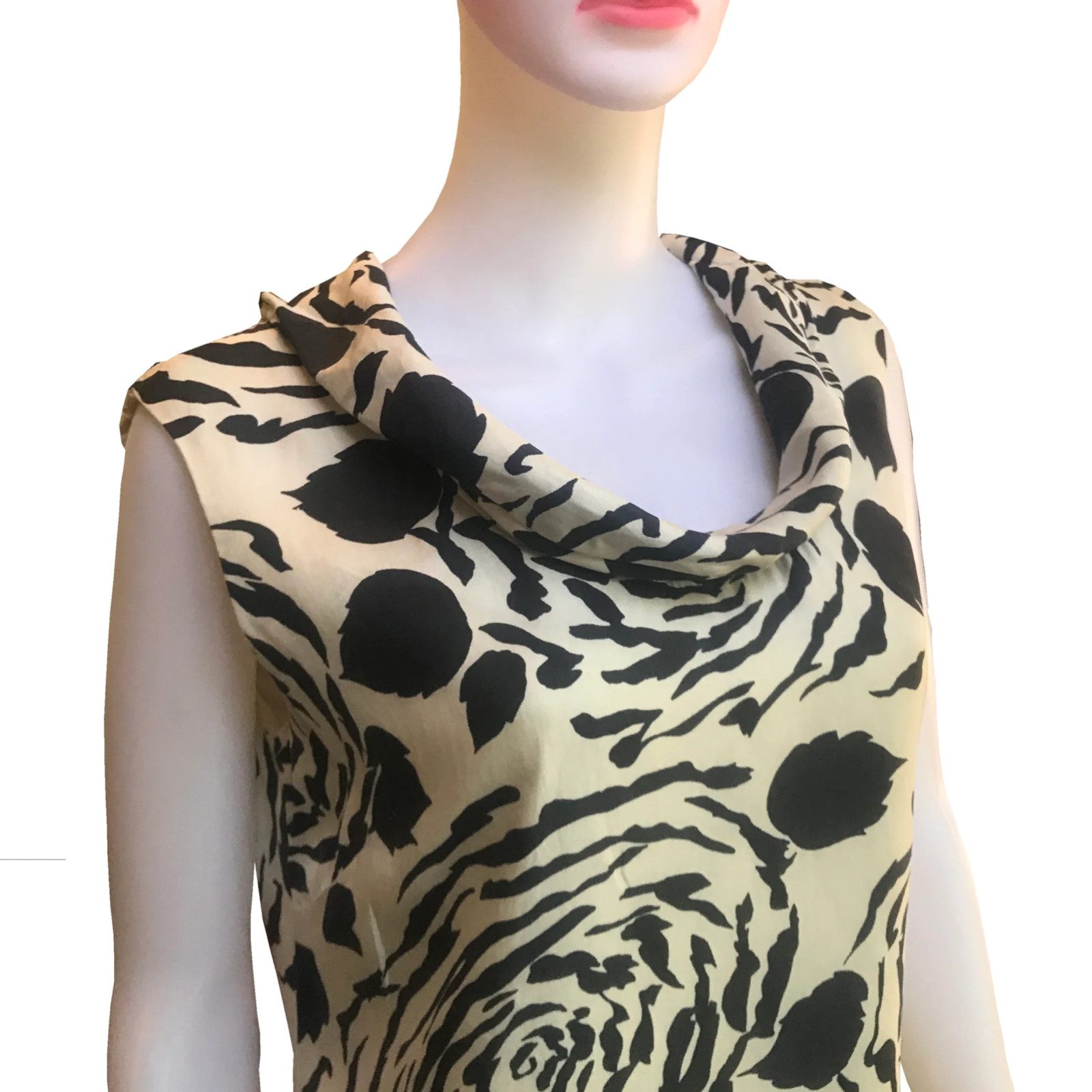 Vintage 1960s Raw Silk Sleeveless Sheath Cowl Neck Floral Print Size L