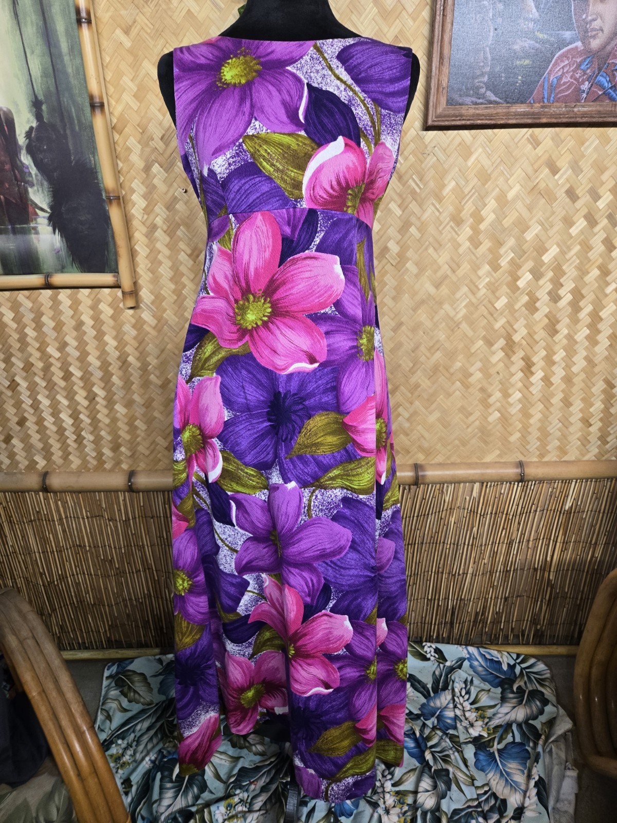 Vintage Ui-maikai Hawaiian Barkcloth Aloha Maxi Dress w1115