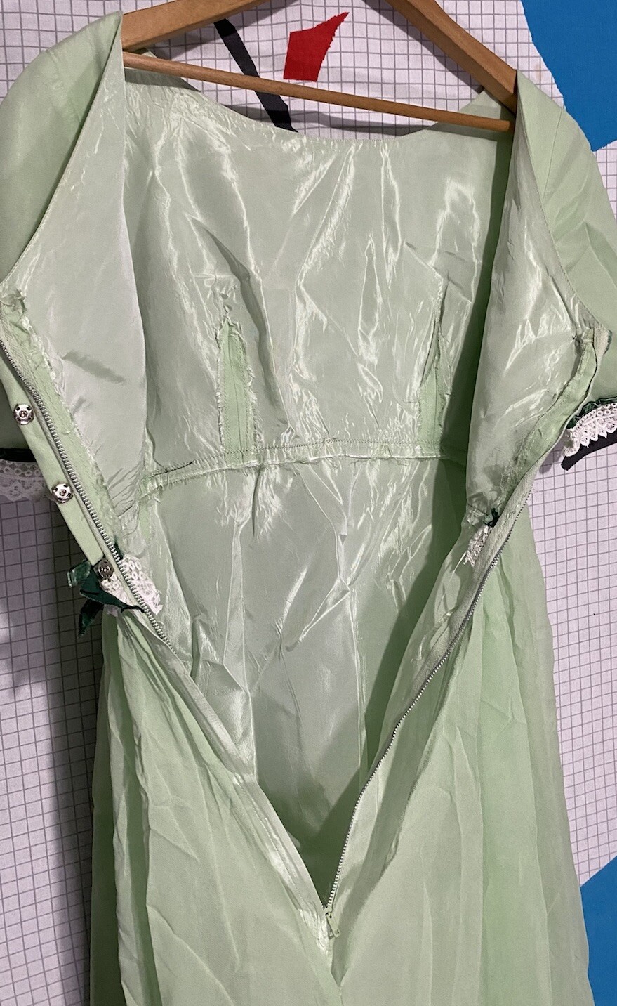 Vintage 50s Silk Chiffon Dress Green Lace Organza Velvet Ribbon 60s Maxi