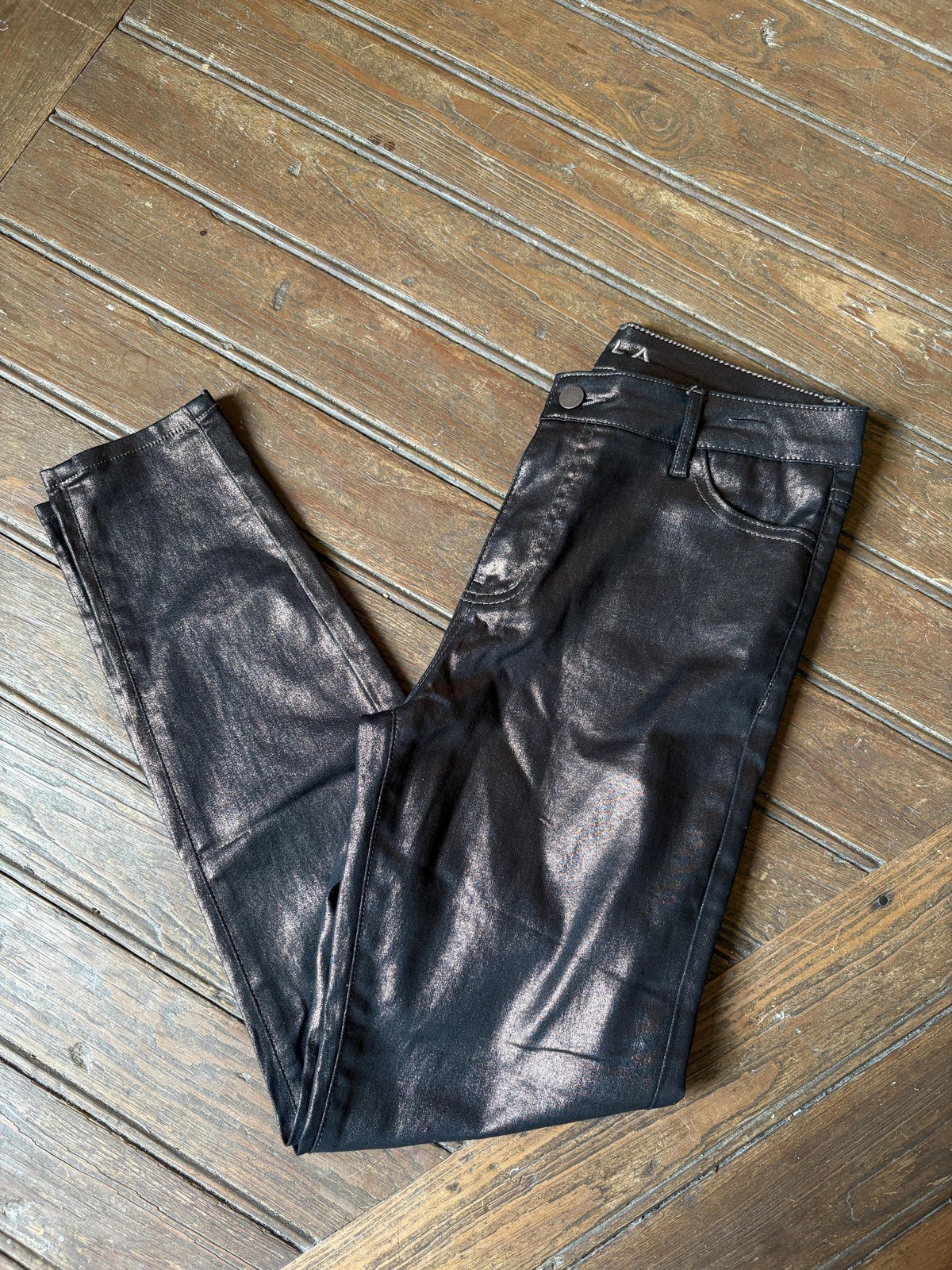 Metallic black skinny pants, Vintage Vila garment coated pants, Festive glitter