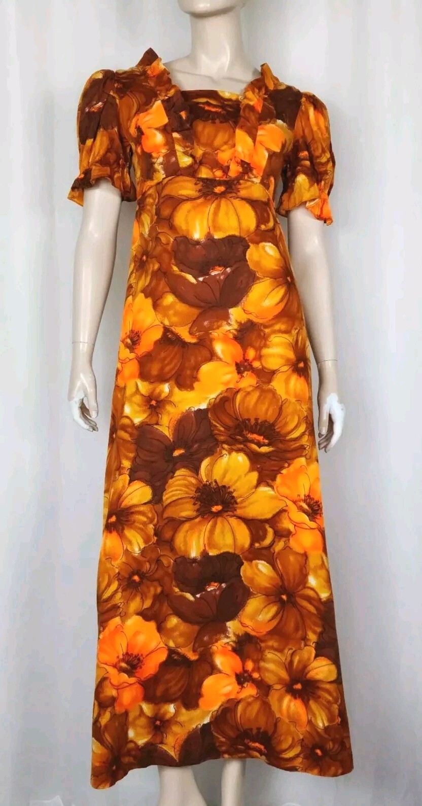 Vtg 70s Hawaiian barkcloth ruffle maxi dress brown orange floral S/M