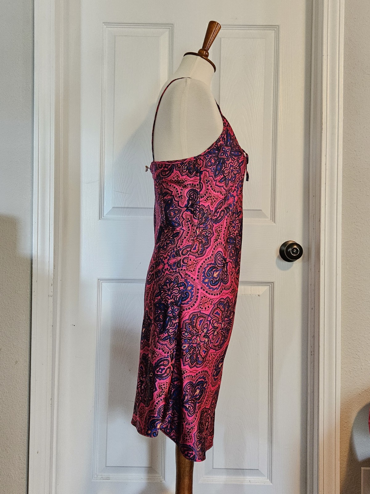 Vintage Magenta Pink Black Blue Paisley Satin Slip Dress Nightgown Size Small