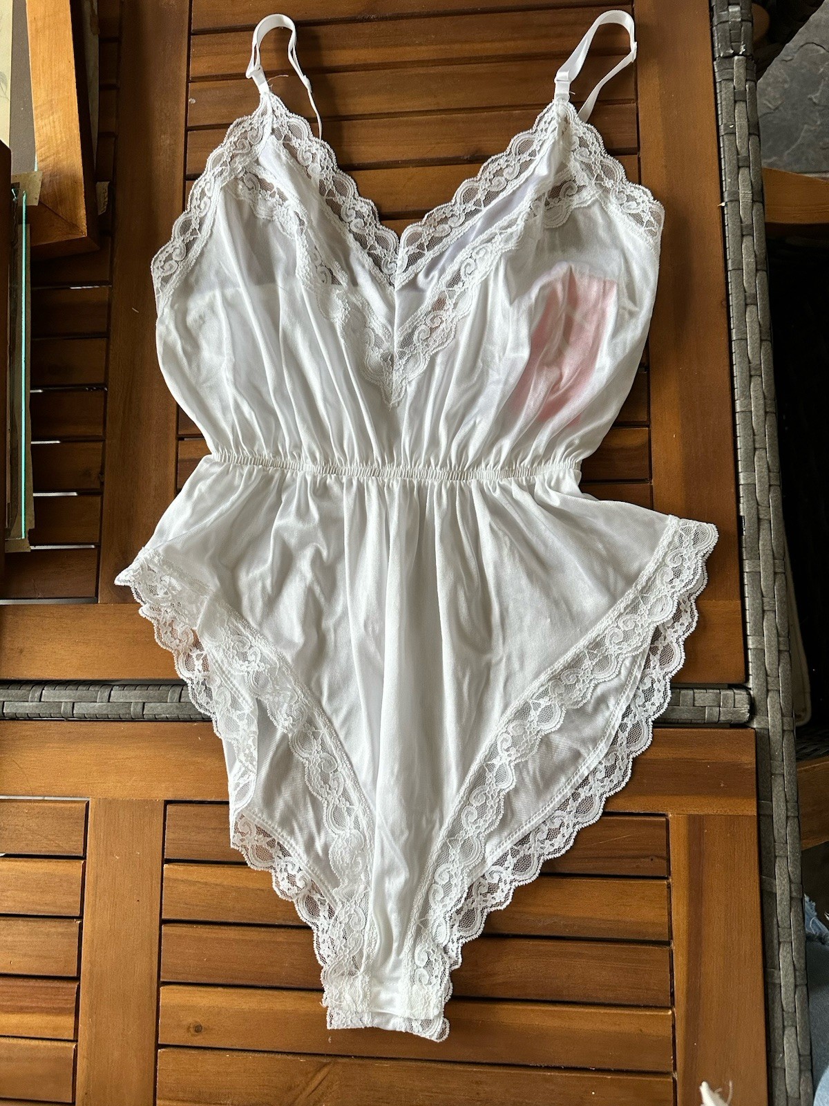 NWT Vintage Deena Nylon Slip Teddy Hi-cut Panty Silky Lace Bodysuit White Medium