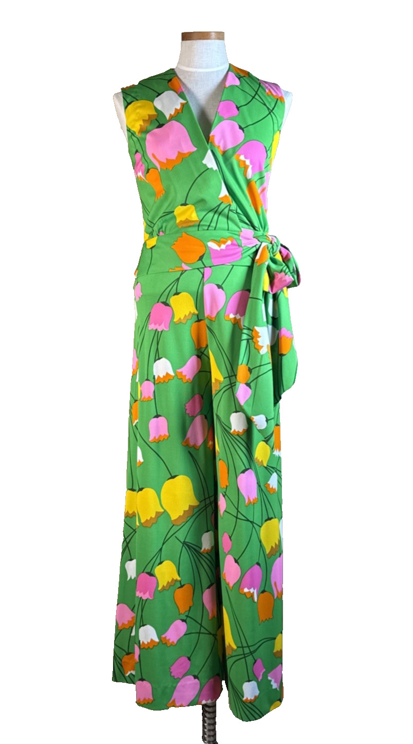 Vintage 60s Mod Tulip Floral Wrap Top Wide Leg Palazzo Pants Set S XS 2/4 W-26″
