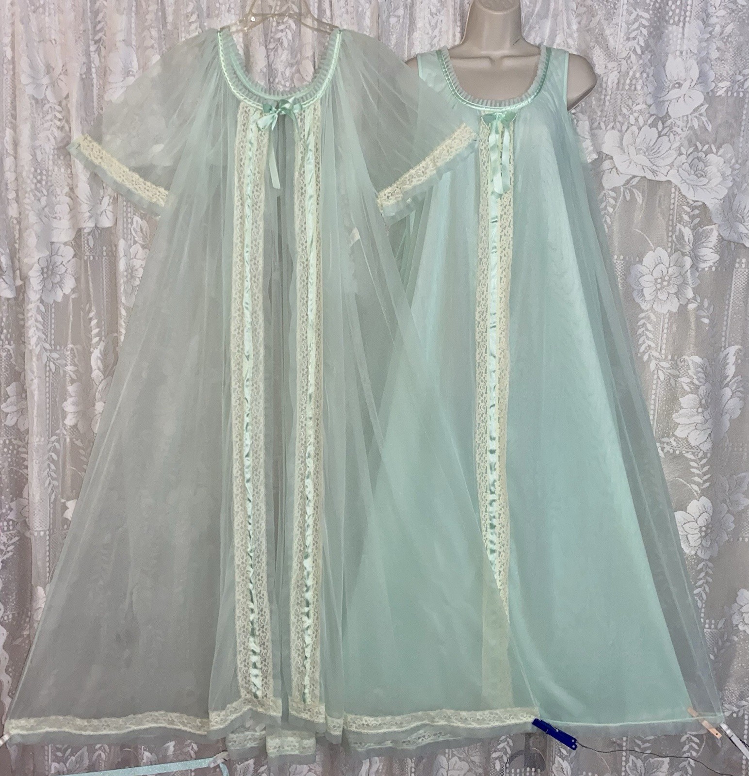 VTG Fancy M L TOSCA Irish Spring Green Sheer Chiffon Peignoir Robe Nightgown Set