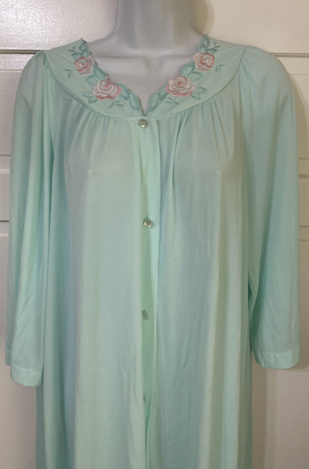 Vintage Shadowline Short Nightgown Robe Day Dress Green Embroidered Women M