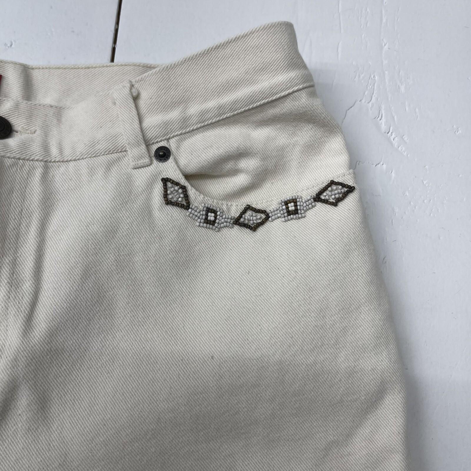 Vintage Chaps White Denim Beaded Pocket Straight Leg Jeans Women’s Size 10