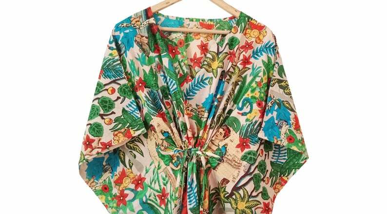 Frida Kahlo Long Cotton Kaftan, Organic kaftan, Beach wear Dress, Sleepwear