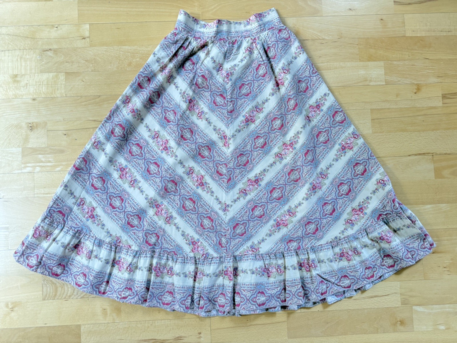 Vintage 70s Prairie Skirt Maroon Pink Floral Ecru Background Cottage Core Boho
