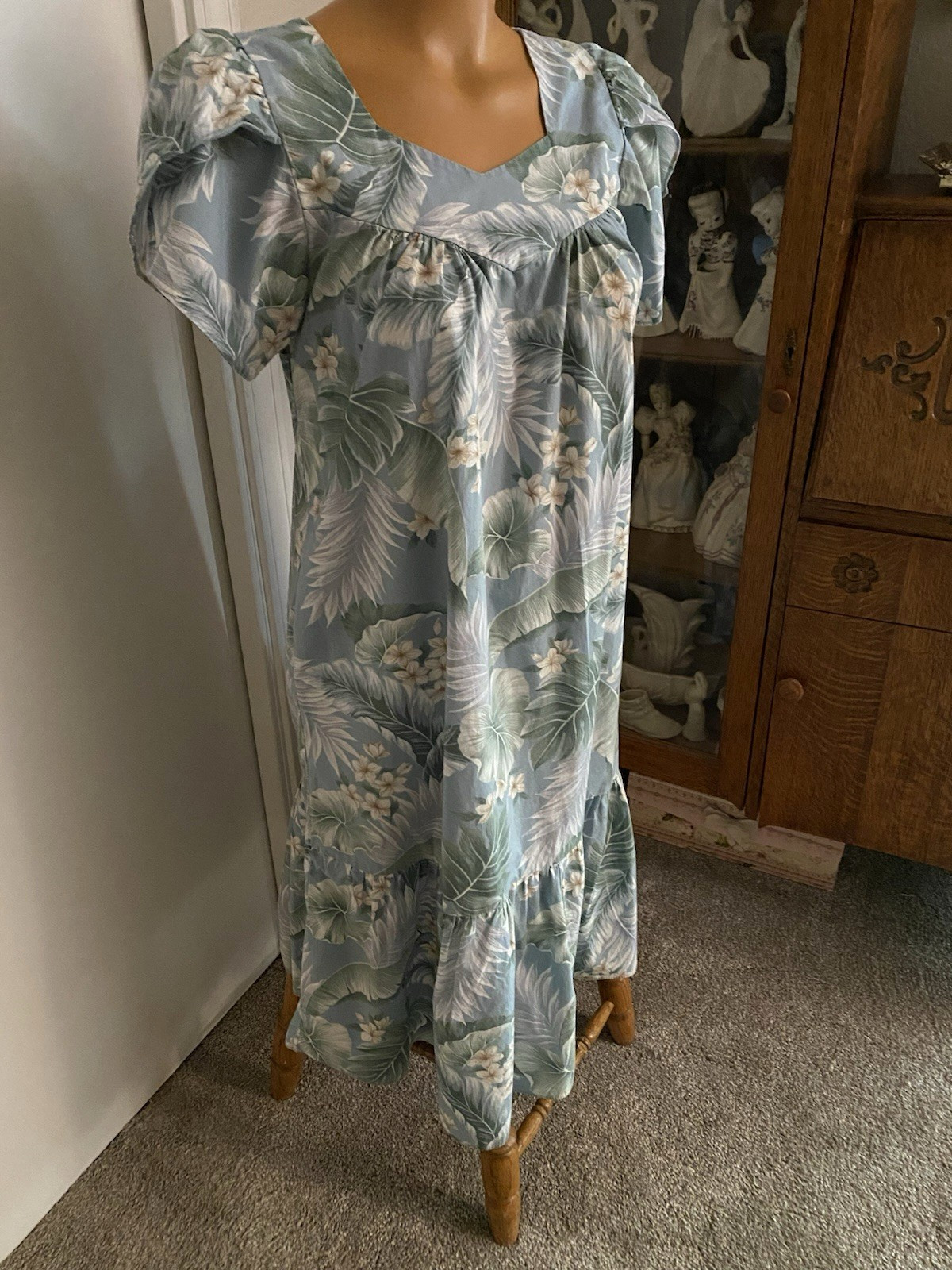 VTG ALOHA REPUBLIC BLUE EXOTIC FLORAL COTTON BLEND HAWAIIAN DRESS SZ S-M