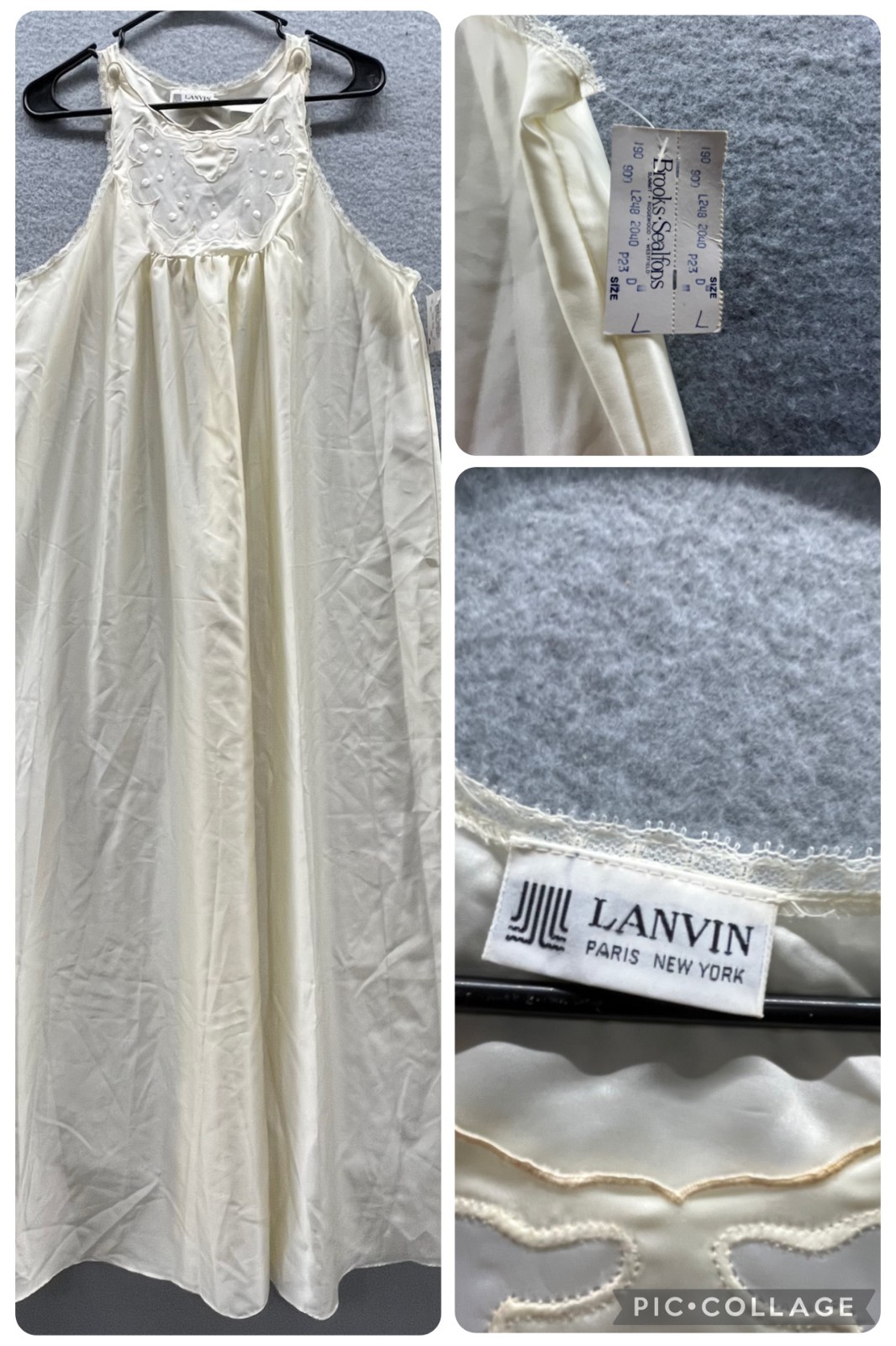 Vintage Lanvin Dress Womens Large Satin Maxi Nightgown Lace Trim 70s 80s France