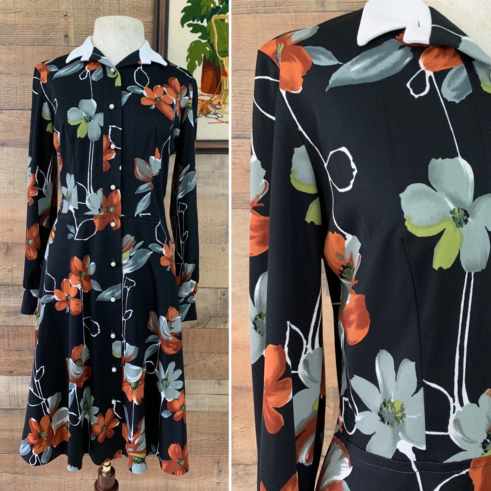 Vintage 1970’s Shady Lane Floral Button Front Long Sleeve Dress Medium