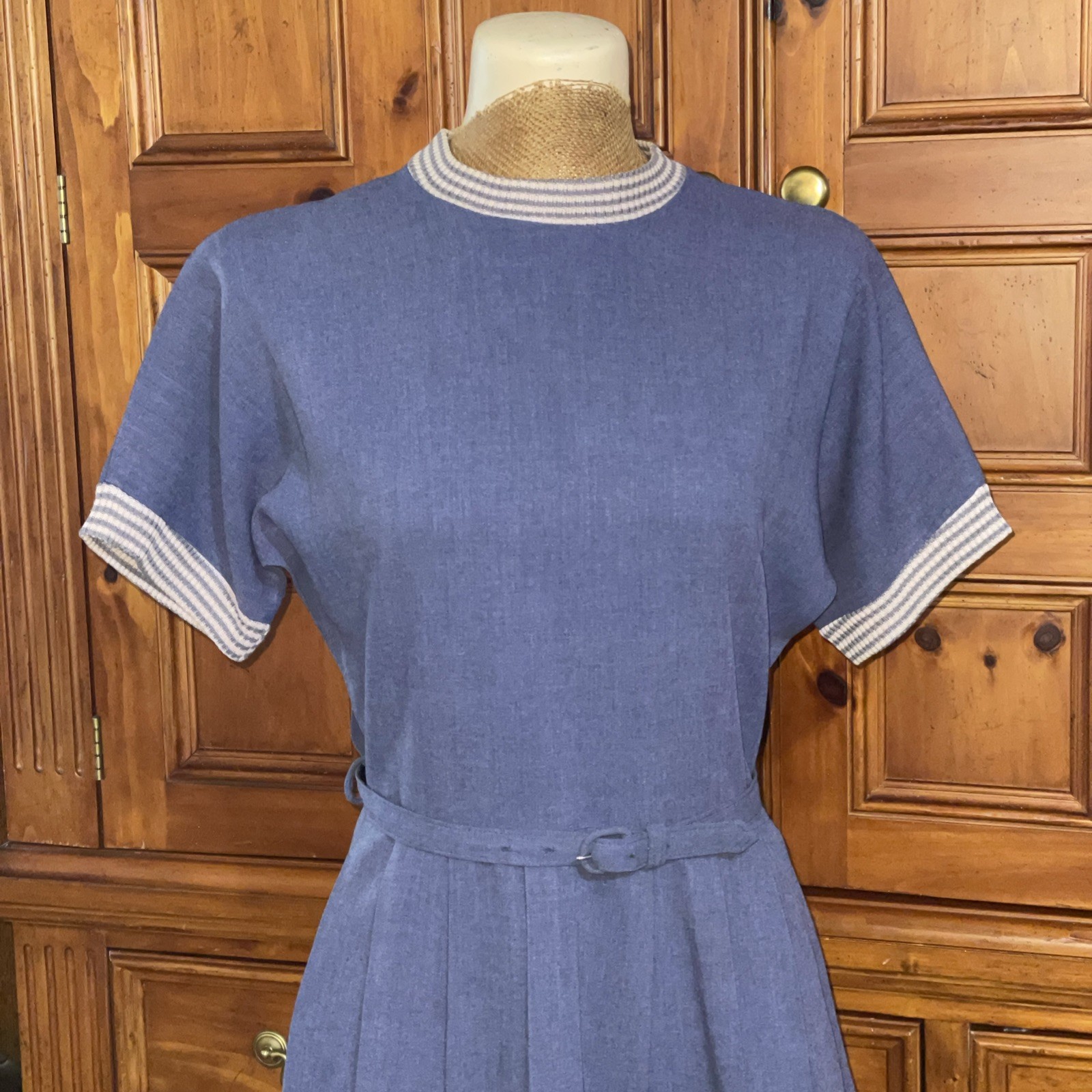 Vtg 30s 40s 50s Chambray Denim Gabardine House Dress M Striped Knit Collar Belt