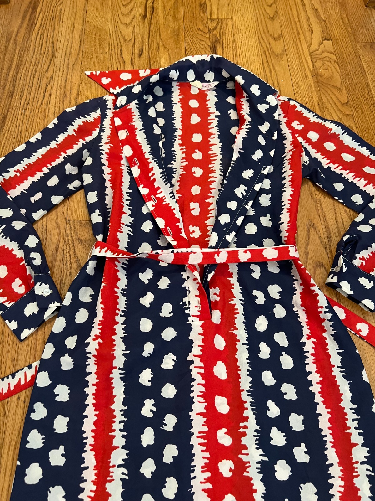 VTG 50s-60s Fritzi San Francisco Midi Dress Large Belted Wrap Tie Red/White/Blue