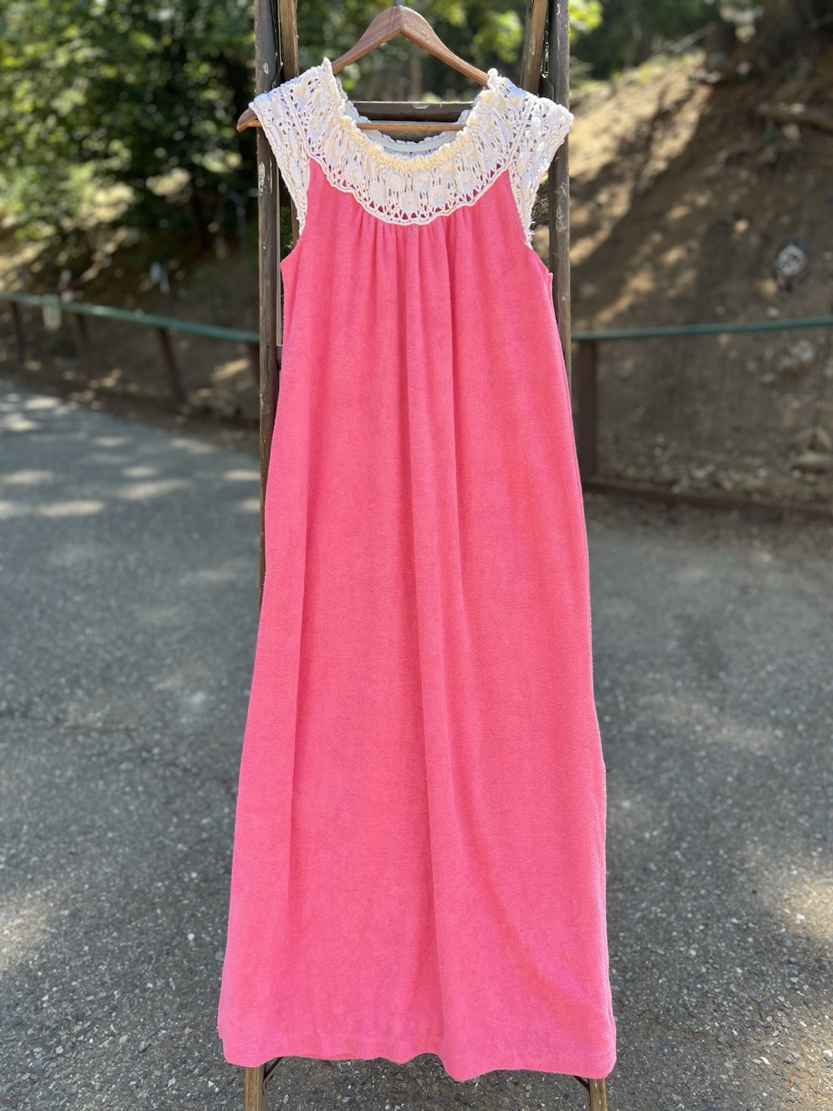 Vintage Hot Pink Terry Cloth Crocheted Lace Summer Dress Swim Cover Up 70s Mod