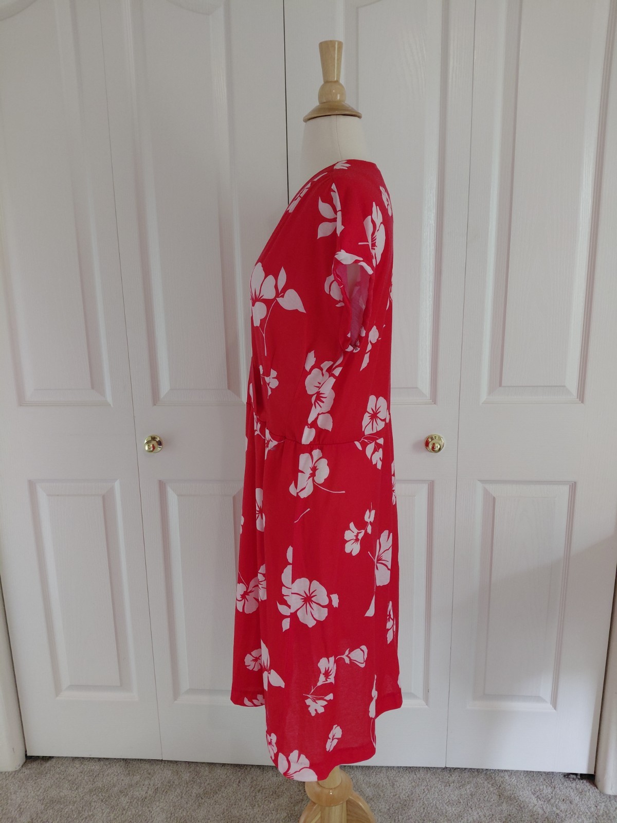 Vintage 1980s Does 1940s Hawaiian Tabby Dress Red White Hibiscus Size Large