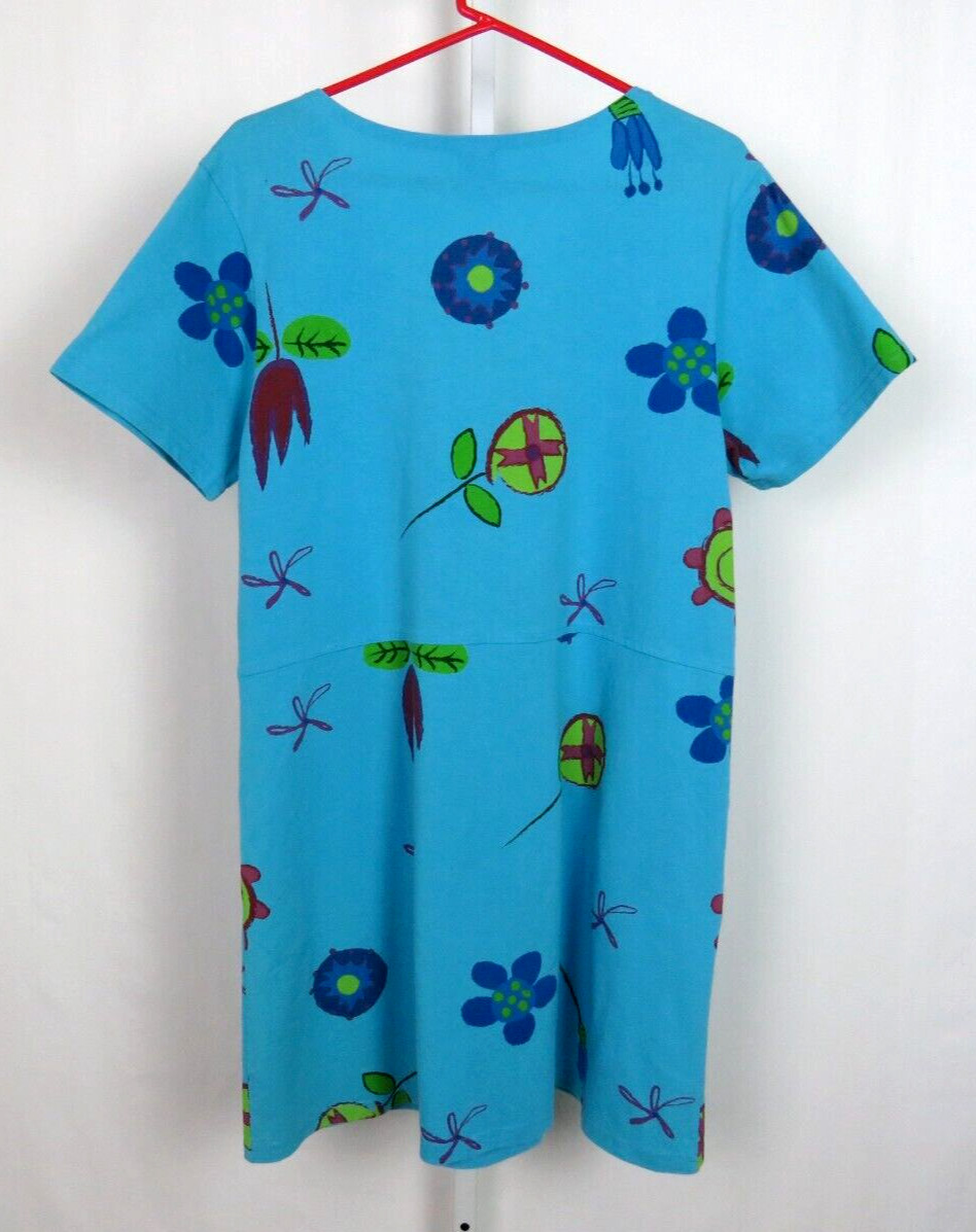 VTG 1980s 90s RED GINGER MEDIUM COTTON DRESS MOD FLOWERS ROPE BELT AQUA BLUE