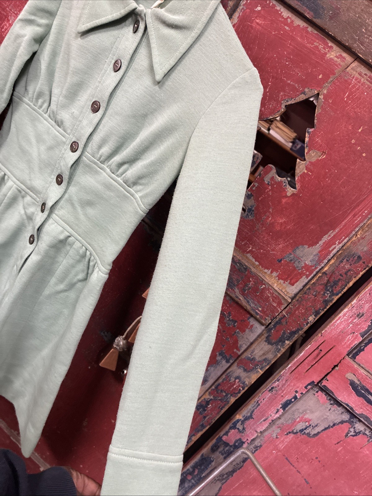 Vintage 1950s-1970s Women’s Mint Green Button-Front Long Sleeve Dress Waist 26