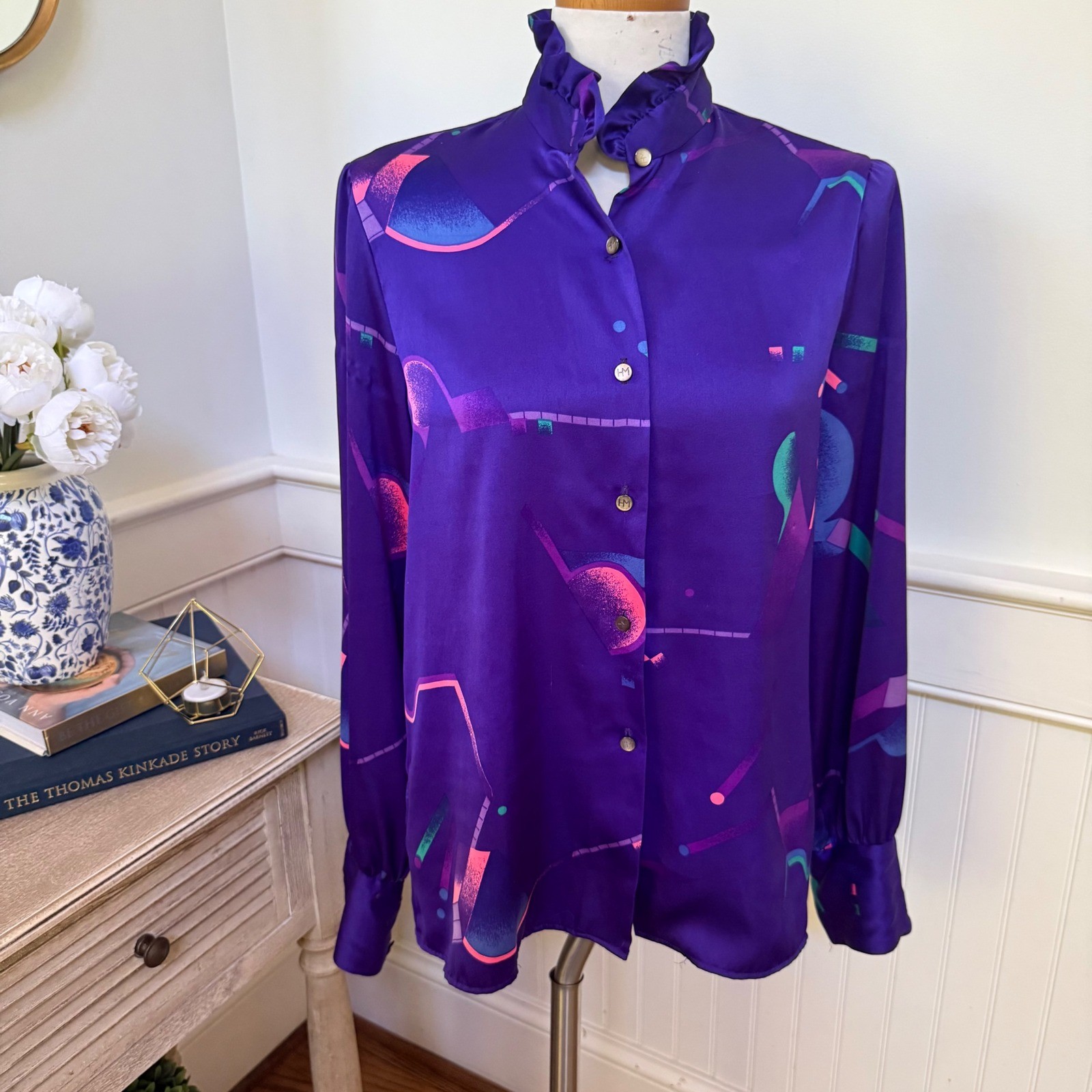 Hanae Mori Vintage Purple Geometric Abstract Ruffle Neck Satin Blouse Size 8
