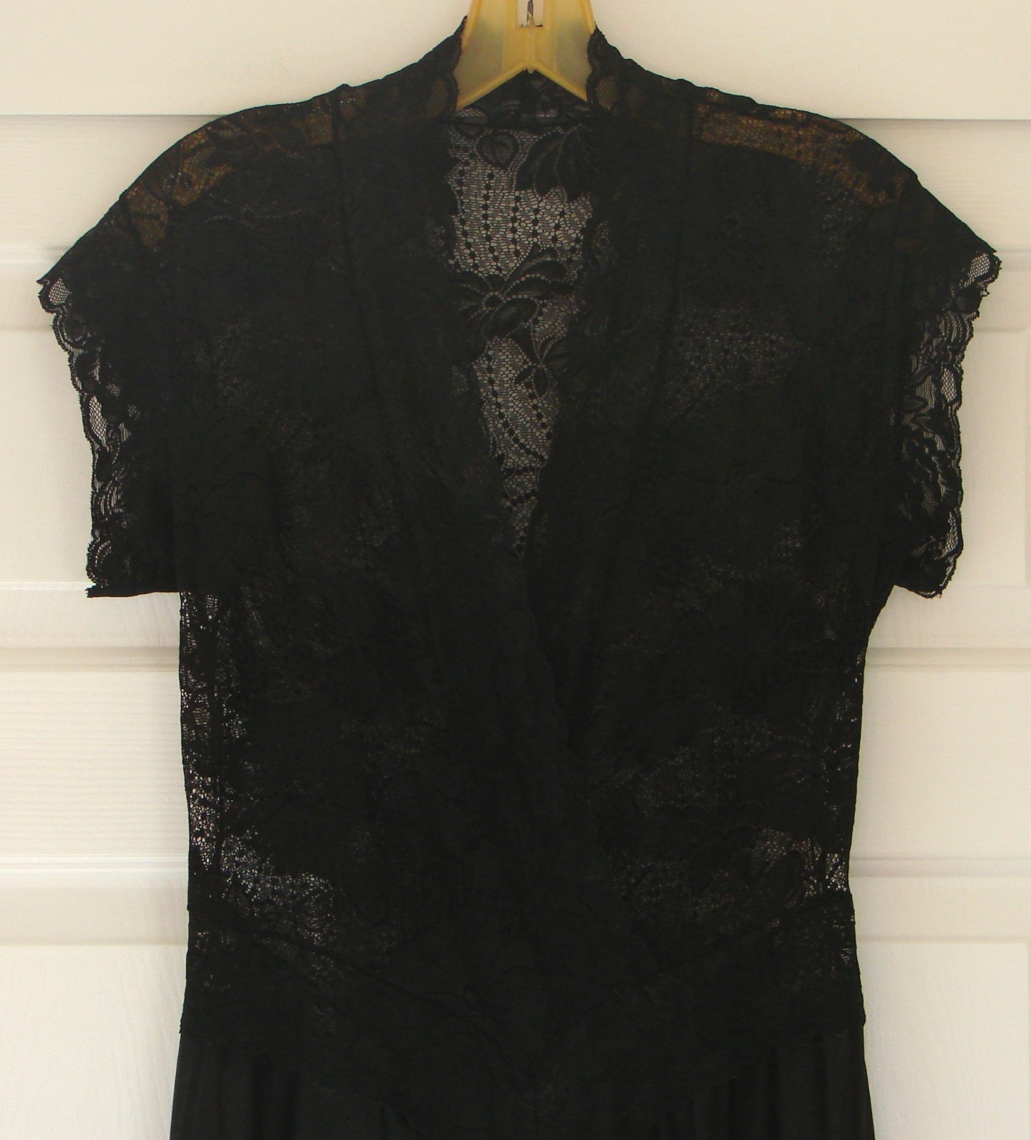 Vintage Black FARIS Stretch Lace Bodice Cap Sleeve Sweeping Skirt Nightgown L