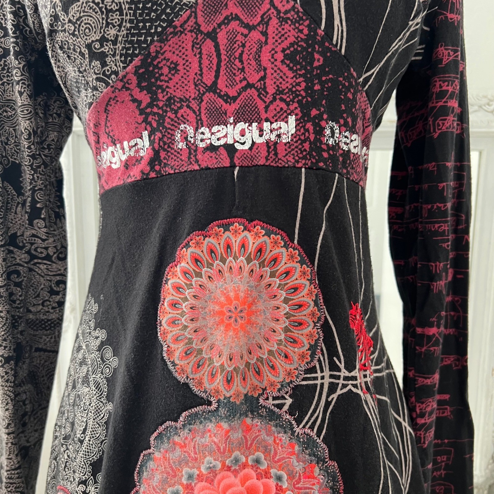 vintage desigual all over graphic patterned long sleeve babydoll mini dress