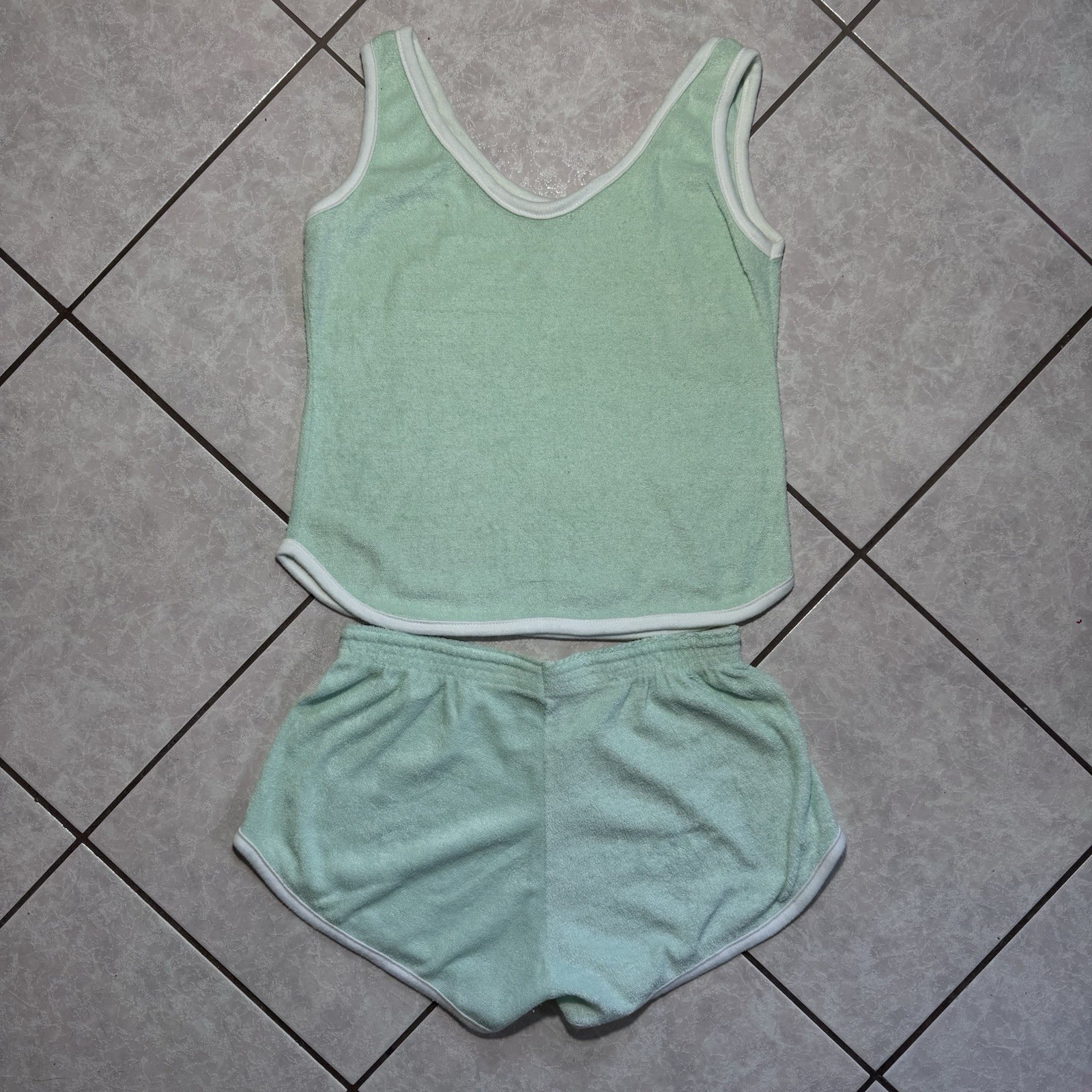 Vintage 70s Terry Cloth High Rise Dolphin Shorts & Tank Green White XS/S Retro