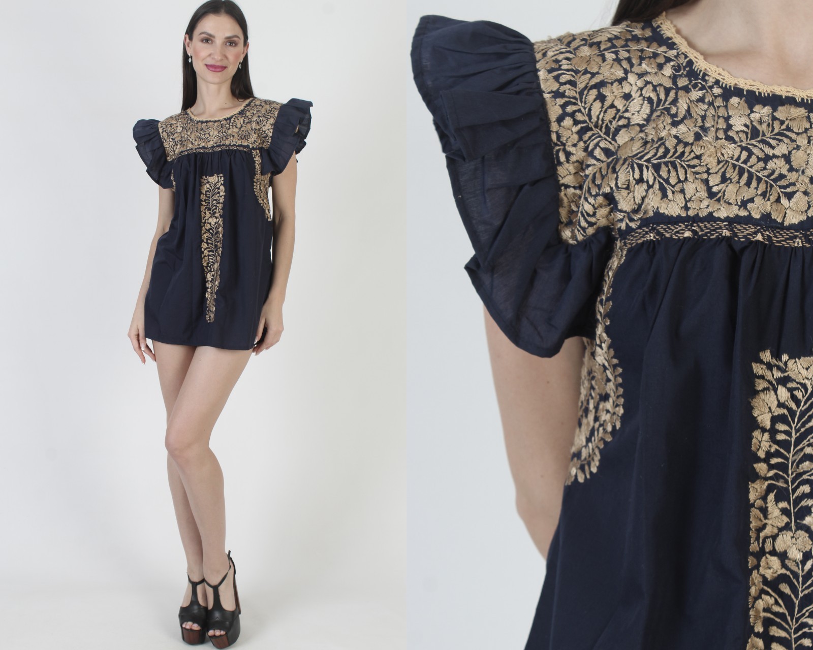 Navy Oaxacan Dress Gold Floral Embroidered Mexican Puebla Tunic Sundress Top