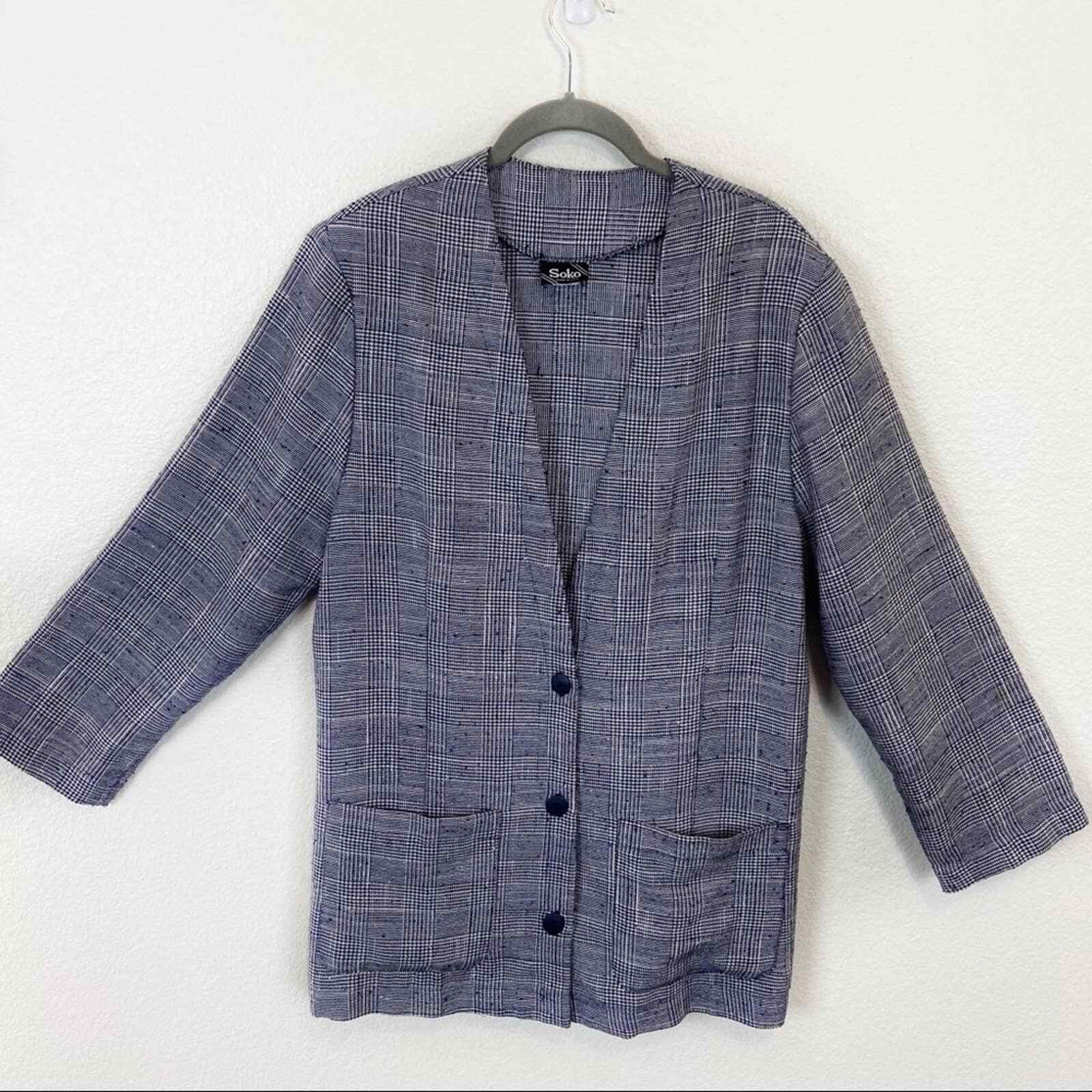 Houndstooth Jacket Blazer Cardigan Womens Size 14 Style Vintage Soko Windowpane