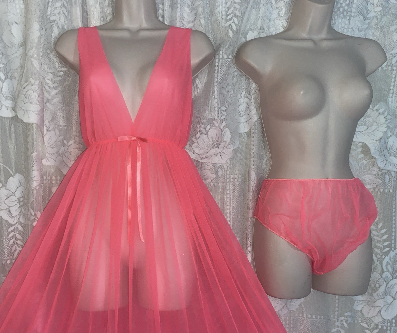 VTG NWOT L XL NEON CORAL Ultra Sheer Chiffon Full Sweep Nightgown w Panties Set