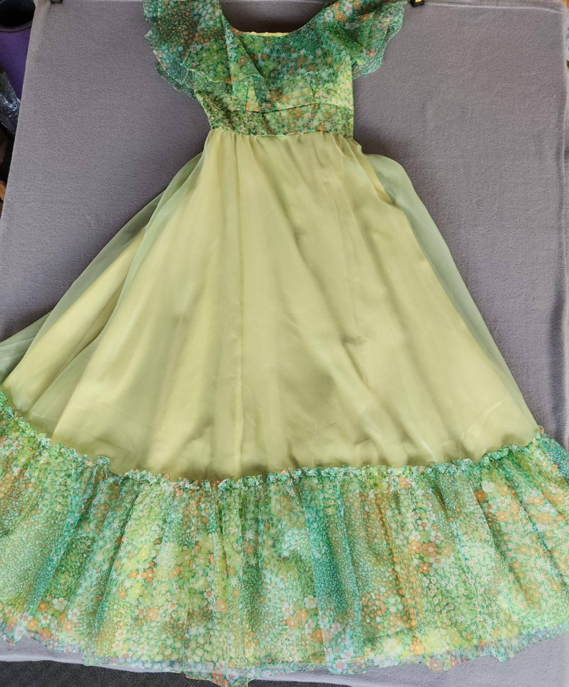Vintage 60s Floral Chiffon Maxi Dress Ruffle Flutter Capelet Yellow Green Party